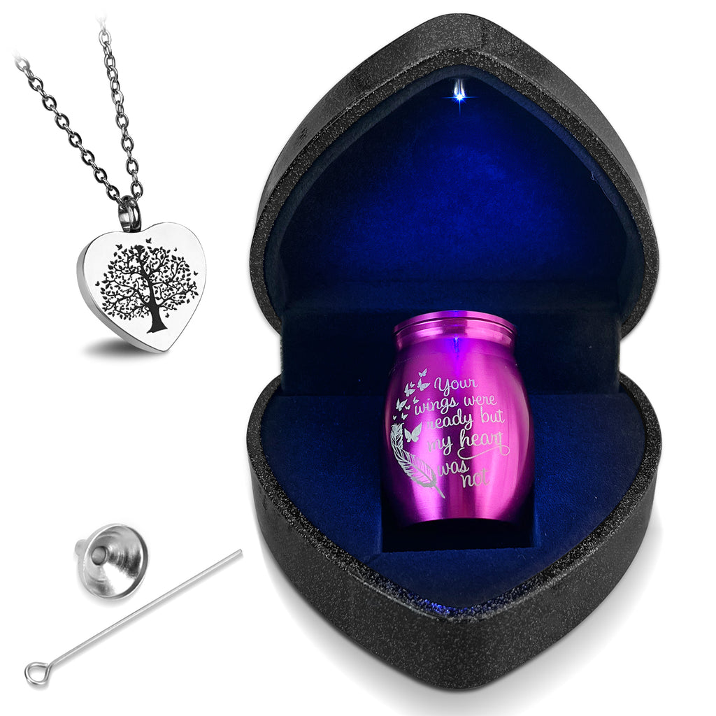 Small Purple Heart Urn for Ashes Keepsake with Light - Memorial Urn Set with Necklace, Funnel, Case