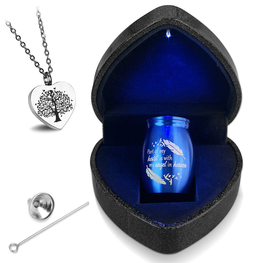 Small Purple Heart Urn for Ashes Keepsake with Light - Memorial Urn Set with Necklace, Funnel, Case