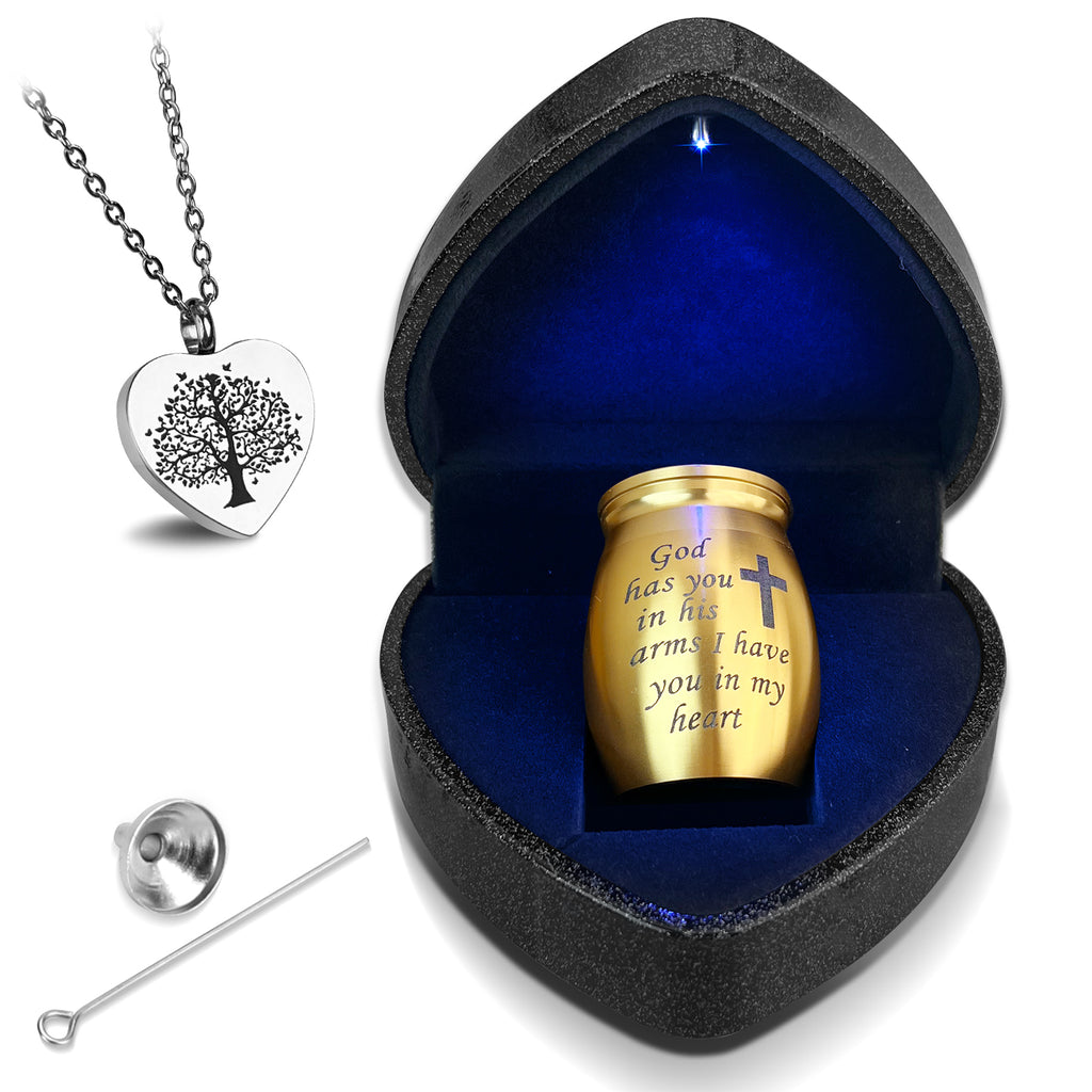 Small Purple Heart Urn for Ashes Keepsake with Light - Memorial Urn Set with Necklace, Funnel, Case