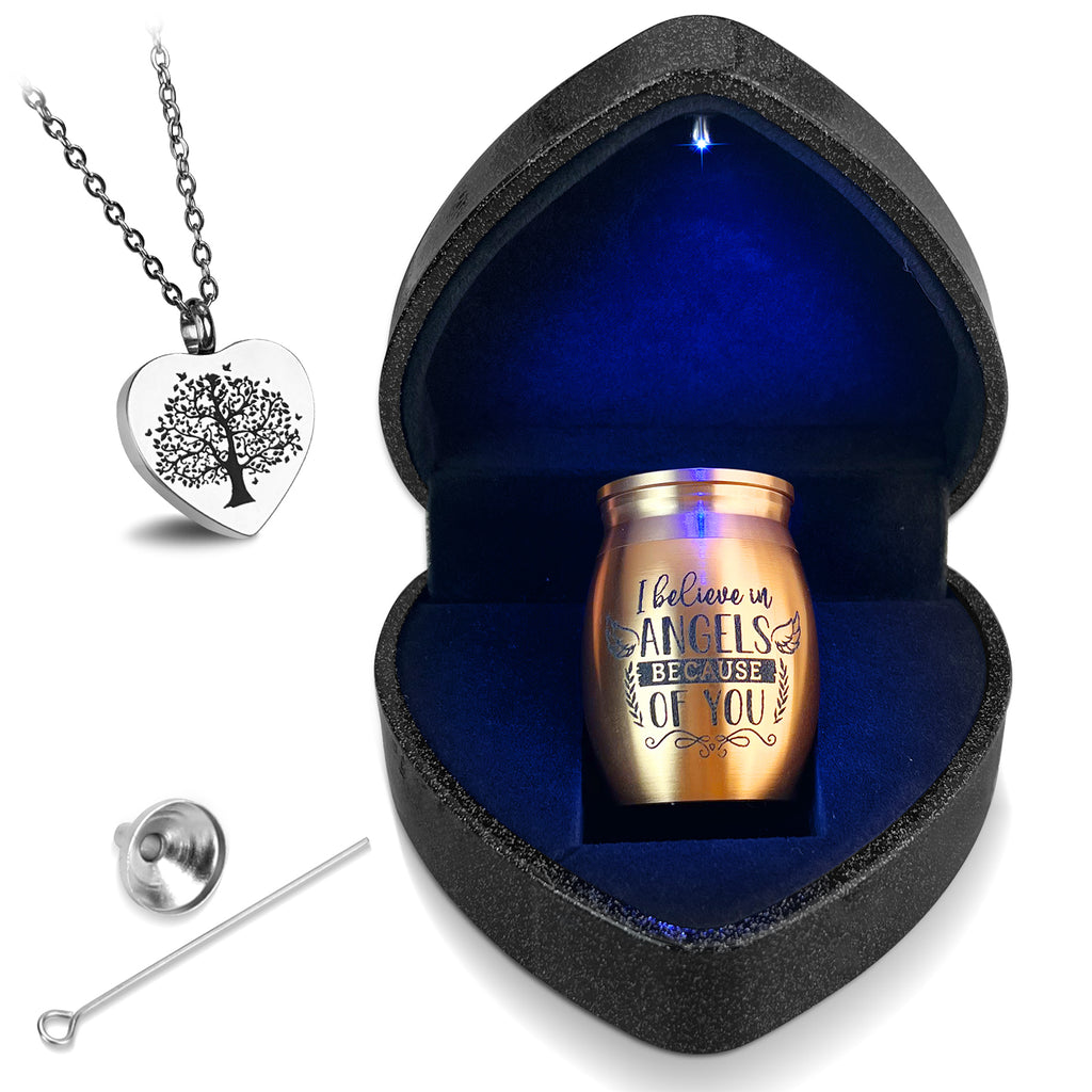 Small Purple Heart Urn for Ashes Keepsake with Light - Memorial Urn Set with Necklace, Funnel, Case
