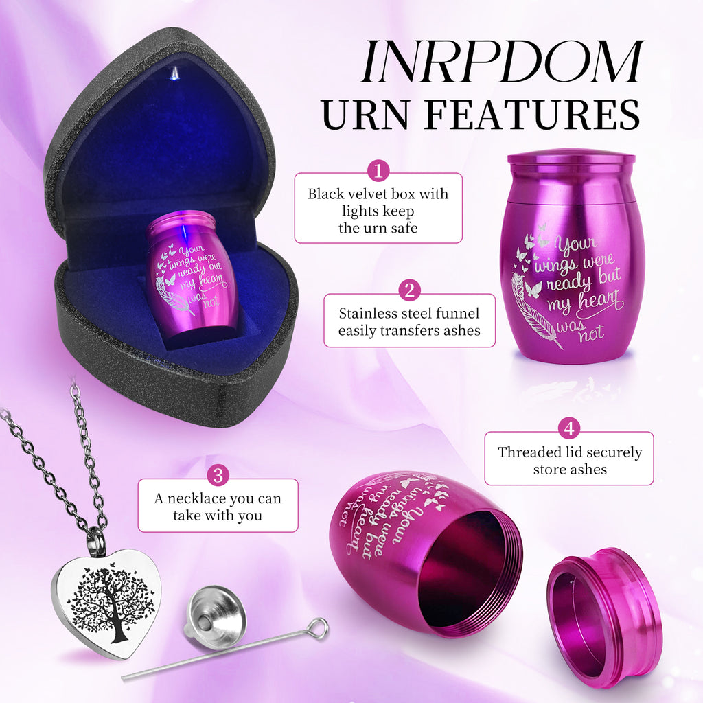 Small Purple Heart Urn for Ashes Keepsake with Light - Memorial Urn Set with Necklace, Funnel, Case
