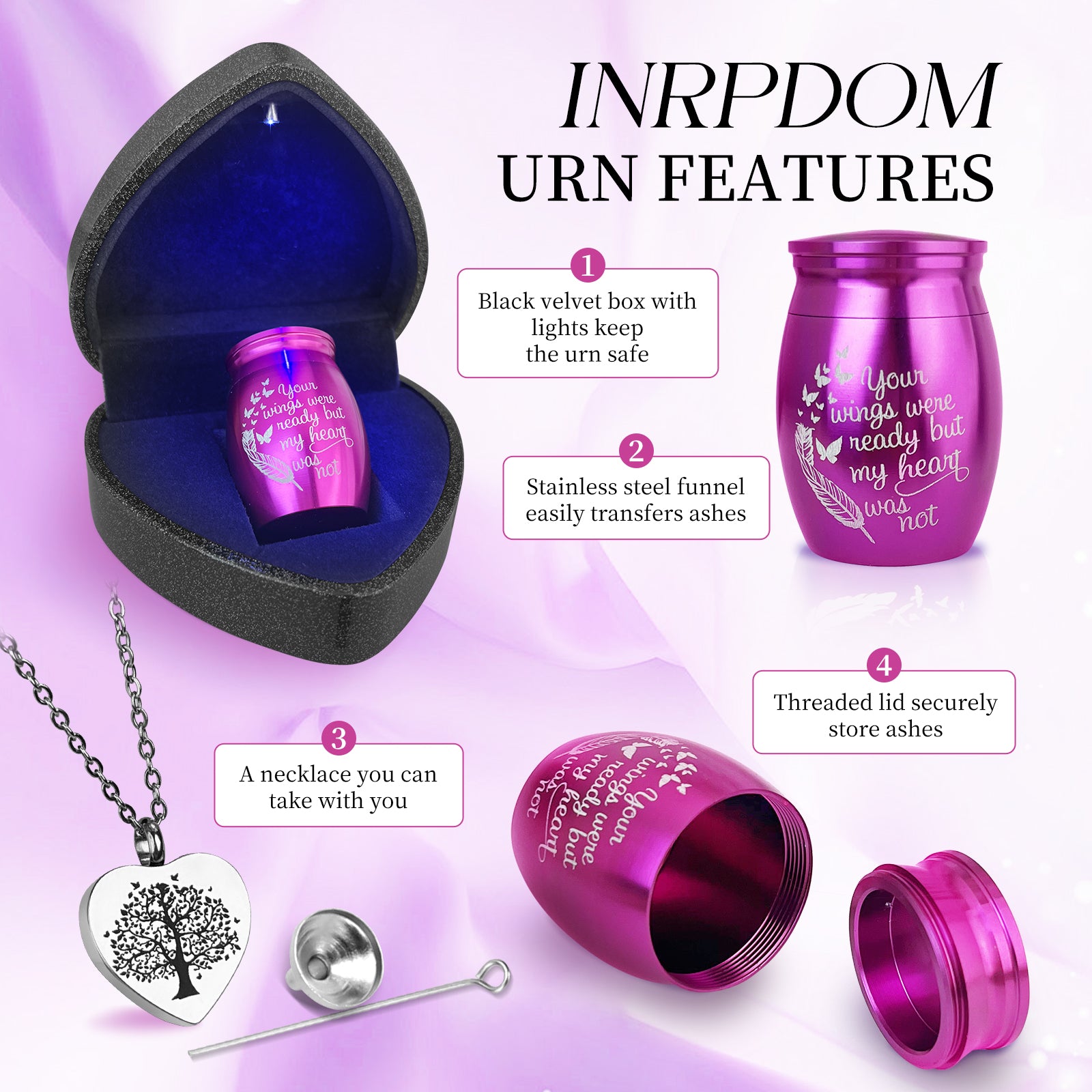 Small Purple Heart Urn for Ashes Keepsake with Light - Memorial Urn Set with Necklace, Funnel, Case