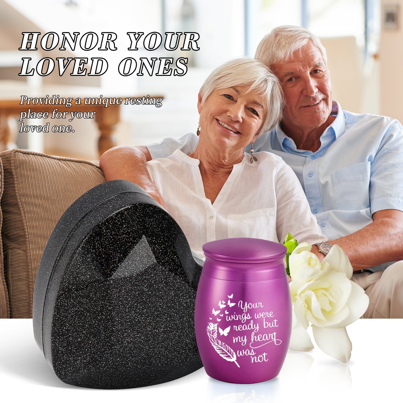 Small Purple Heart Urn for Ashes Keepsake with Light - Memorial Urn Set with Necklace, Funnel, Case